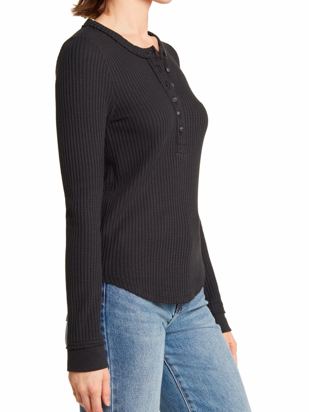 Faherty Black Waffle Knit Henley Long Sleeve Top